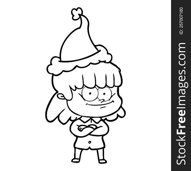 Line Drawing Of A Smiling Woman Wearing Santa Hat