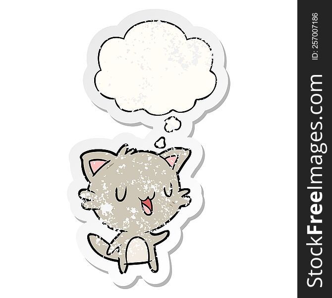Cartoon Happy Cat And Thought Bubble As A Distressed Worn Sticker