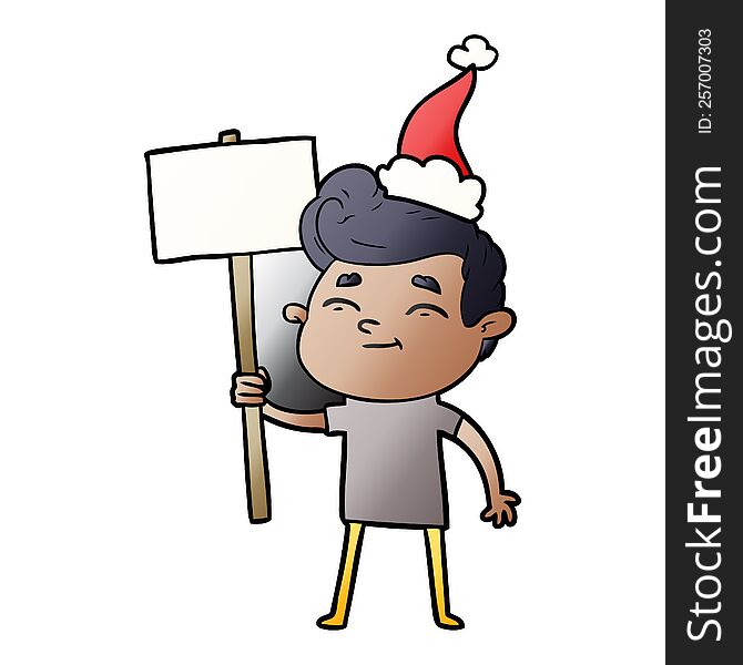 happy hand drawn gradient cartoon of a man with sign wearing santa hat. happy hand drawn gradient cartoon of a man with sign wearing santa hat