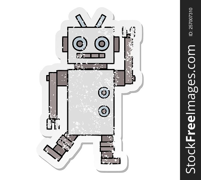 Distressed Sticker Of A Cute Cartoon Dancing Robot