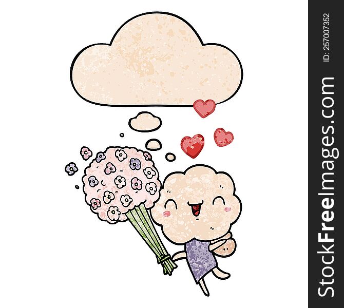 Cute Cartoon Cloud Head Creature And Thought Bubble In Grunge Texture Pattern Style