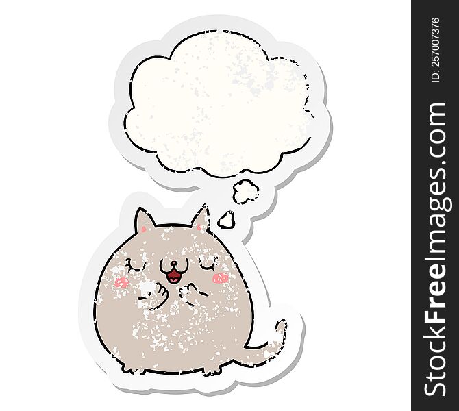 Cartoon Cute Cat And Thought Bubble As A Distressed Worn Sticker