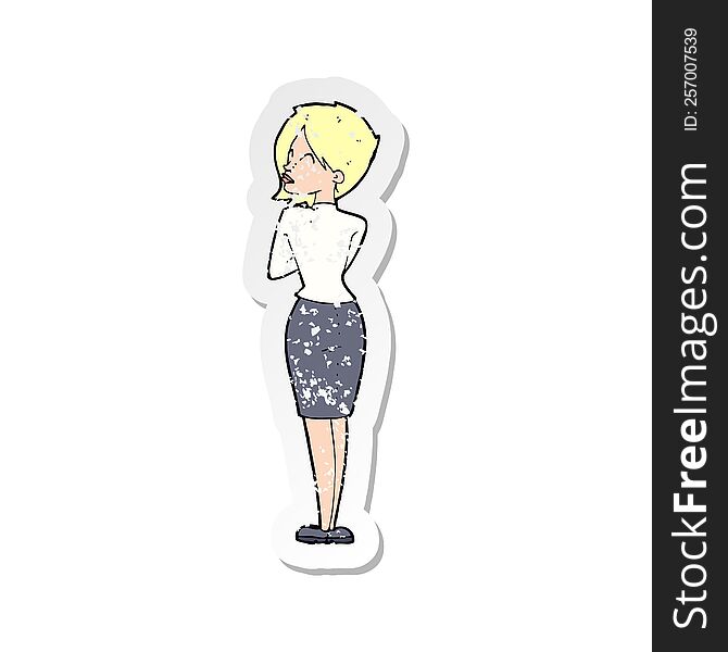 retro distressed sticker of a cartoon businesswoman ignoring