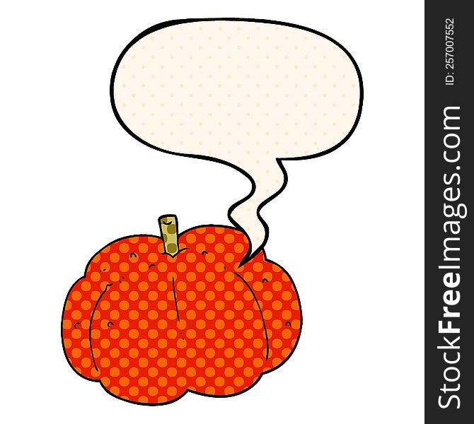 cartoon pumpkin with speech bubble in comic book style