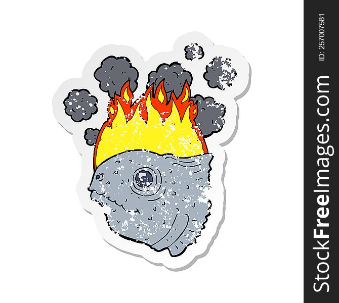 retro distressed sticker of a cartoon burning fish head