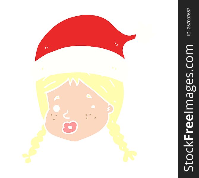 flat color style cartoon girl wearing christmas hat