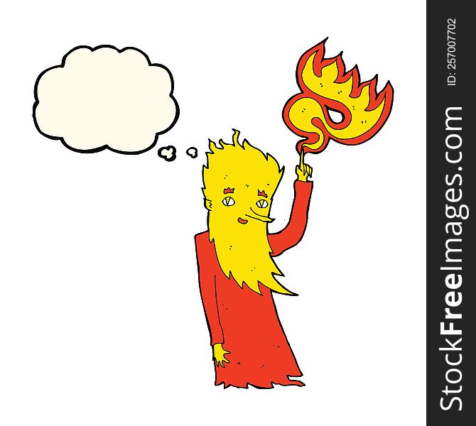 cartoon fire spirit with thought bubble