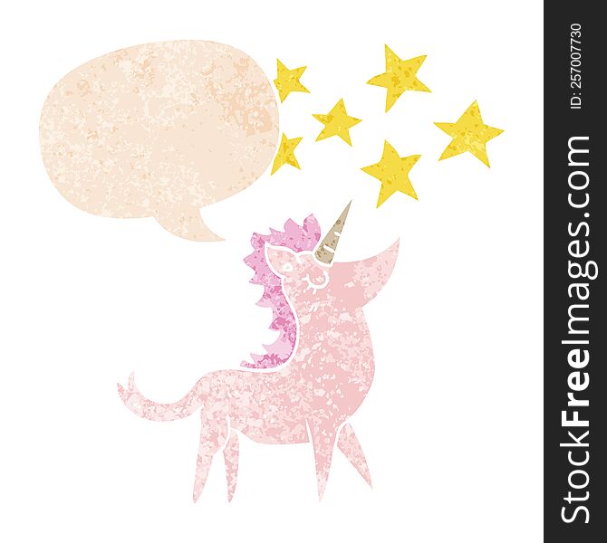Cartoon Unicorn And Speech Bubble In Retro Textured Style