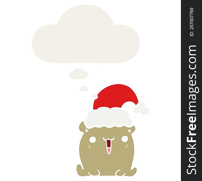 Cute Cartoon Bear With Christmas Hat And Thought Bubble In Retro Style