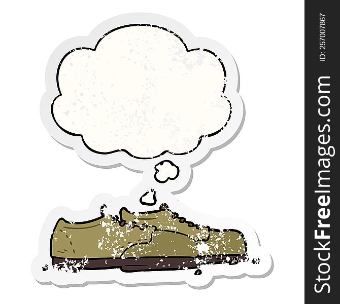 cartoon shoes and thought bubble as a distressed worn sticker