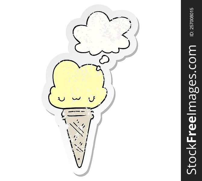 Cartoon Ice Cream With Face And Thought Bubble As A Distressed Worn Sticker