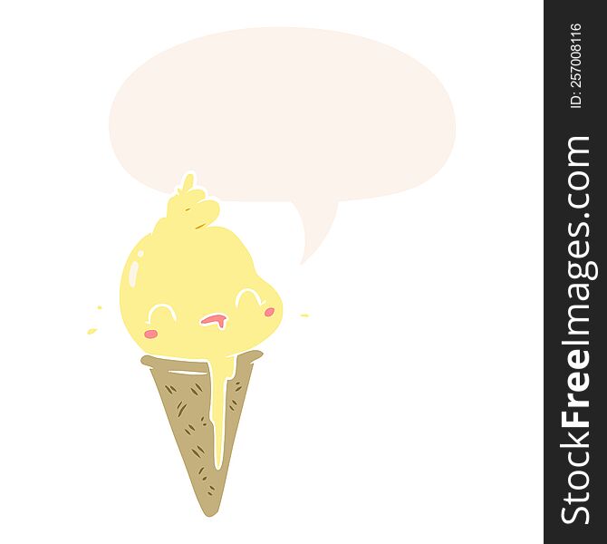 Cute Cartoon Ice Cream And Speech Bubble In Retro Style