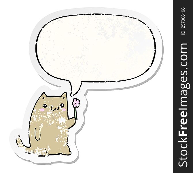 Cute Cartoon Cat And Flower And Speech Bubble Distressed Sticker