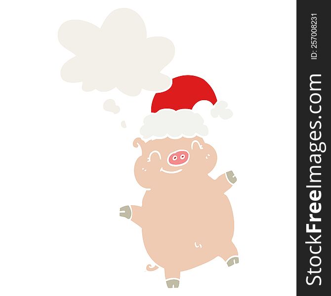 Cartoon Happy Christmas Pig And Thought Bubble In Retro Style