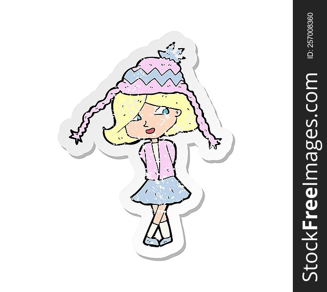 Retro Distressed Sticker Of A Cartoon Happy Girl Wearing Hat