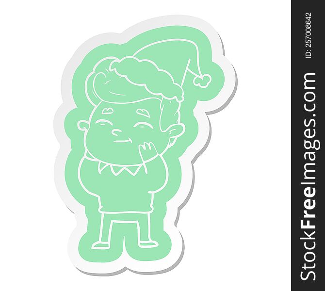 Happy Cartoon  Sticker Of A Man Wearing Santa Hat
