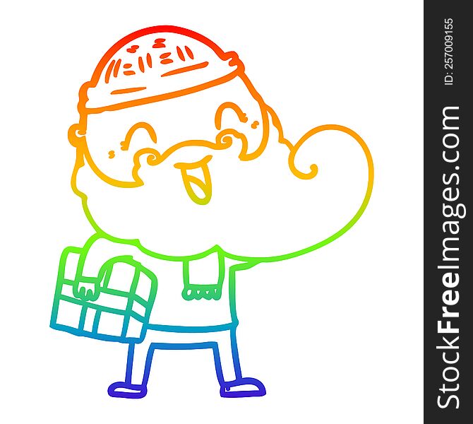 Rainbow Gradient Line Drawing Happy Bearded Man Holding Christmas Present