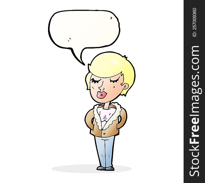 cartoon cool relaxed woman with speech bubble