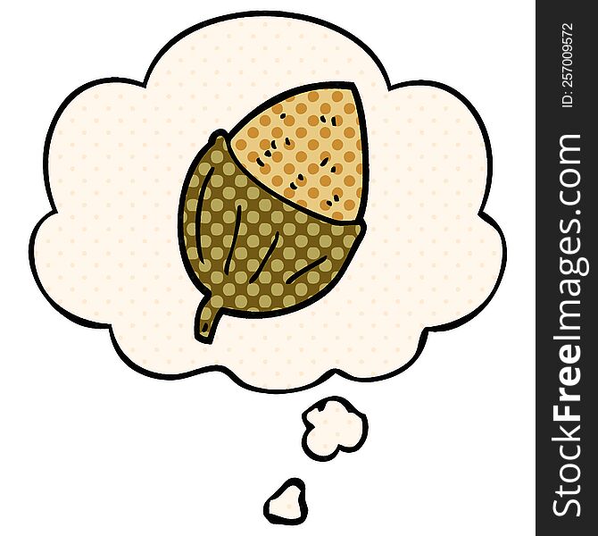 cartoon acorn with thought bubble in comic book style
