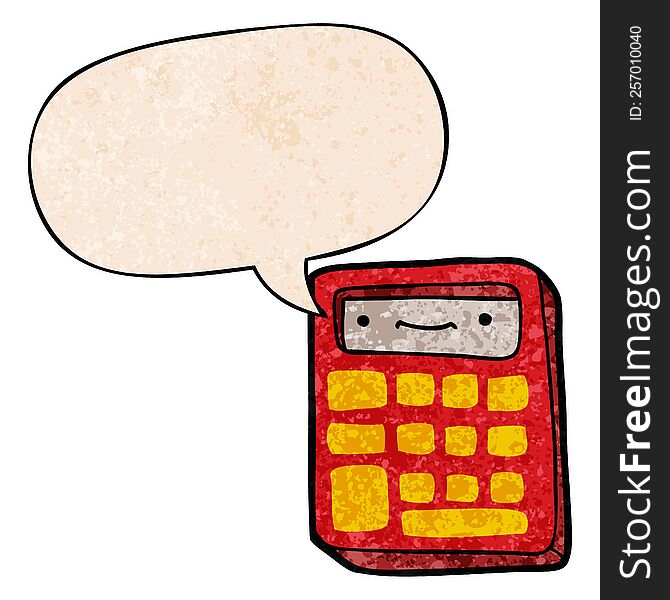 cartoon calculator and speech bubble in retro texture style