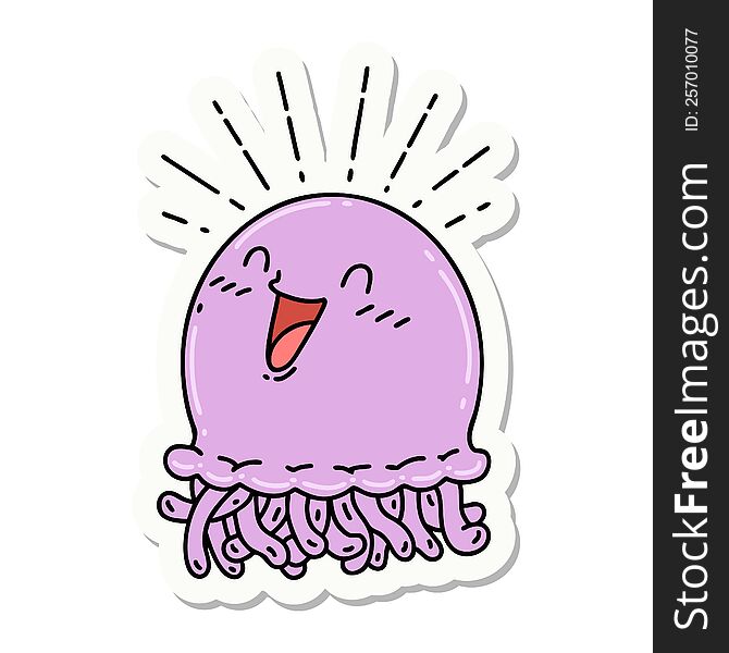 sticker of a tattoo style happy jellyfish