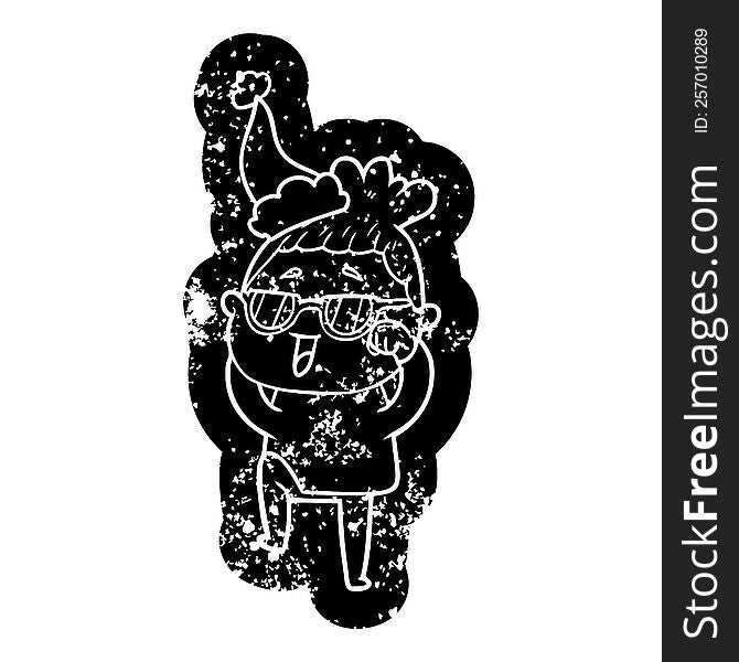 quirky cartoon distressed icon of a happy woman wearing spectacles wearing santa hat