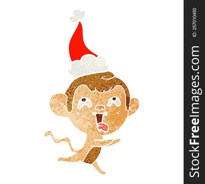 crazy retro cartoon of a monkey running wearing santa hat