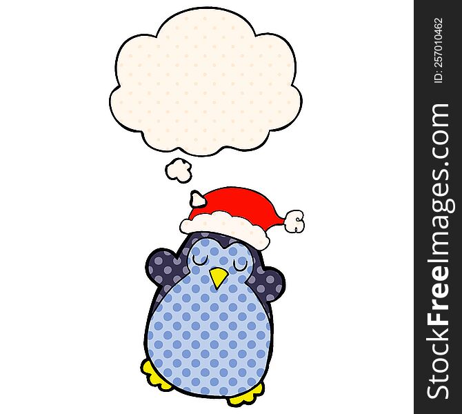 cute christmas penguin with thought bubble in comic book style