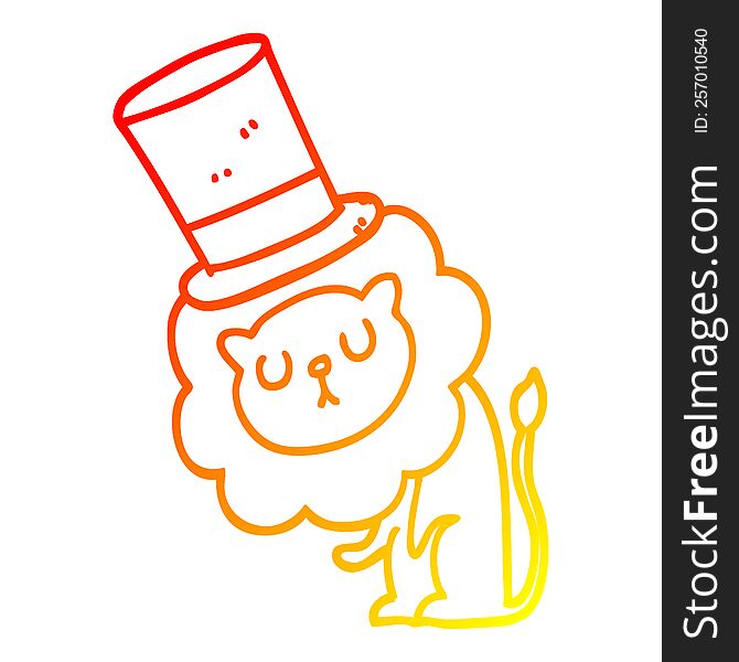 Warm Gradient Line Drawing Cute Cartoon Lion Wearing Top Hat