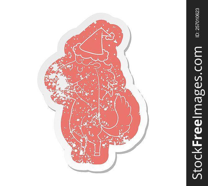 quirky cartoon distressed sticker of a horse wearing santa hat