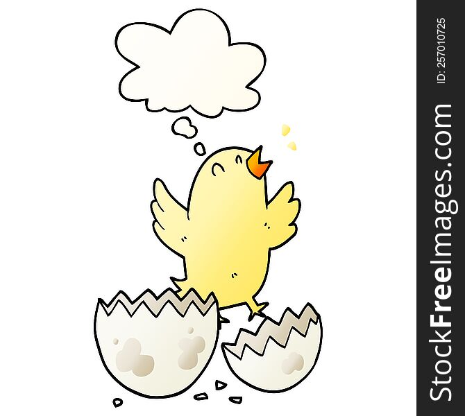 cartoon bird hatching from egg with thought bubble in smooth gradient style