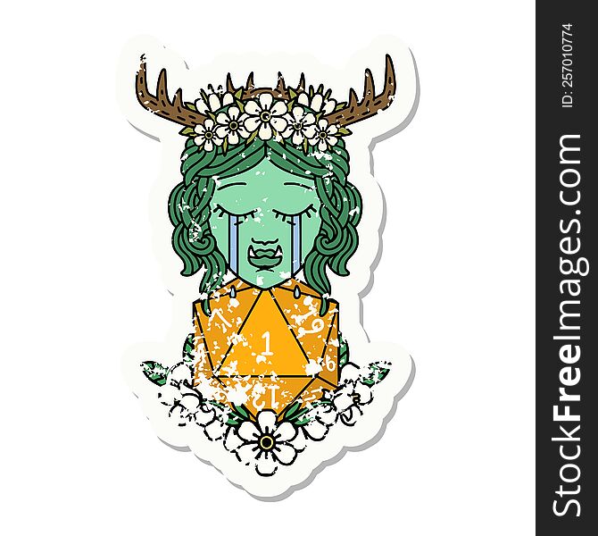 Sad Half Orc Druid Character With Natural One Dice Roll Grunge Sticker
