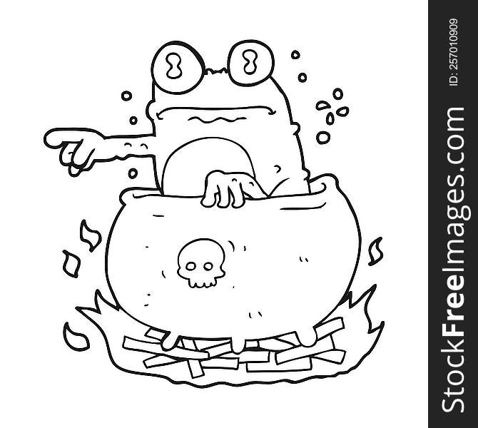 freehand drawn black and white cartoon halloween toad in cauldron