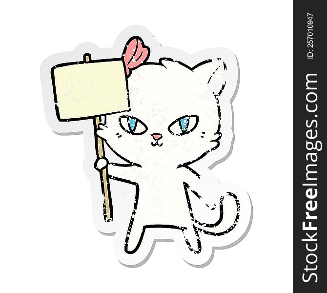 Distressed Sticker Of A Cute Cartoon Cat With Protest Sign