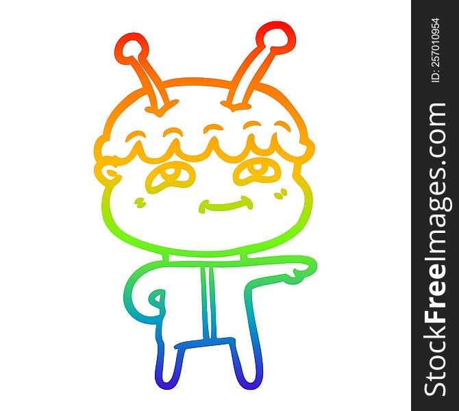 Rainbow Gradient Line Drawing Friendly Cartoon Spaceman Pointing