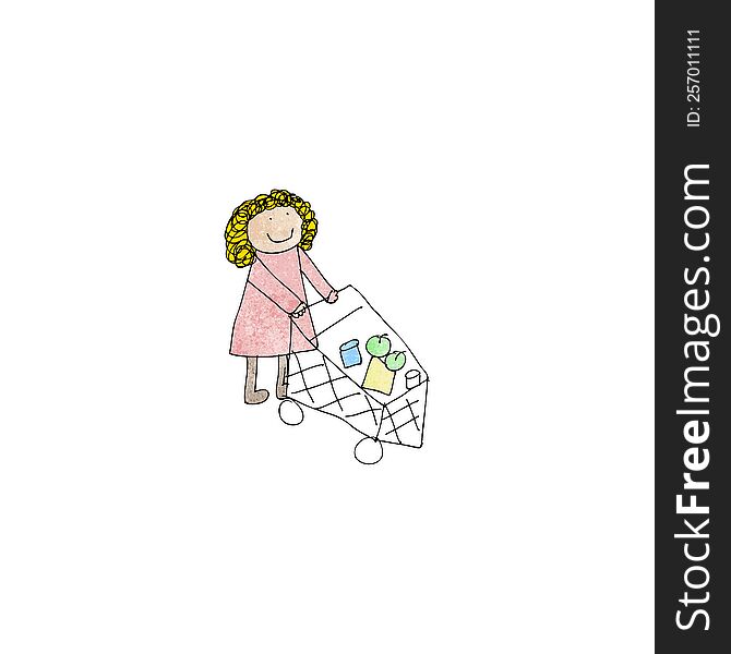cartoon mother pushing trolley