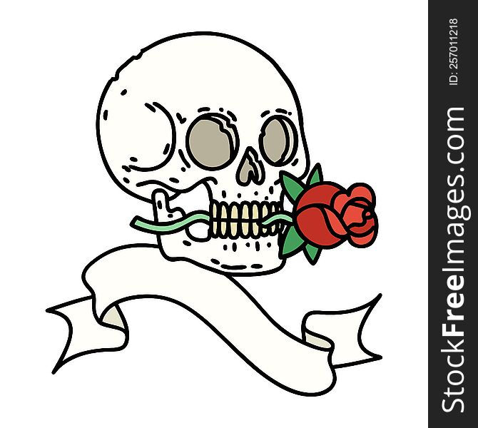 Tattoo With Banner Of A Skull And Rose