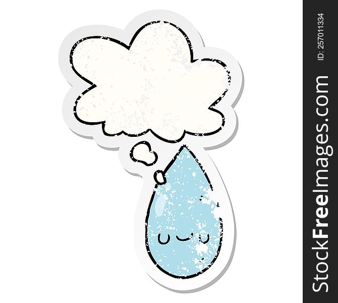 cartoon cute raindrop with thought bubble as a distressed worn sticker