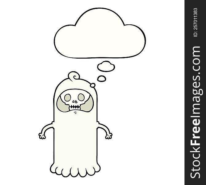 cartoon spooky skull ghost with thought bubble