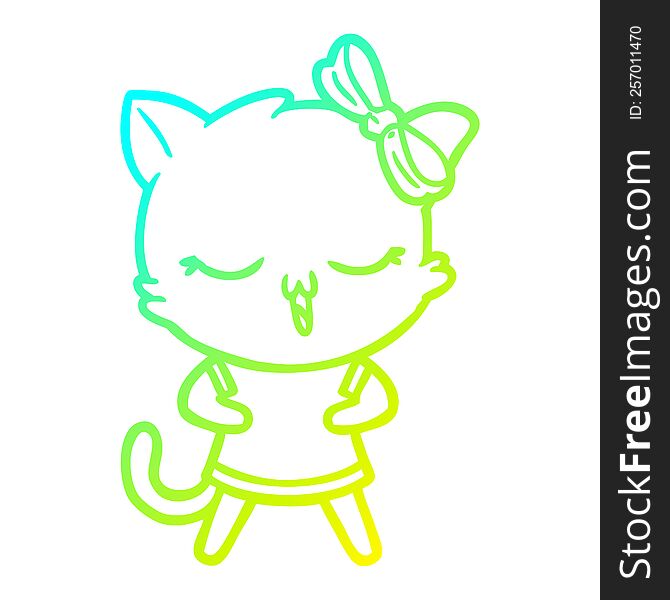 Cold Gradient Line Drawing Cartoon Cat With Bow On Head