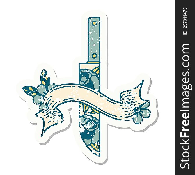 Grunge Sticker With Banner Of A Dagger And Flowers