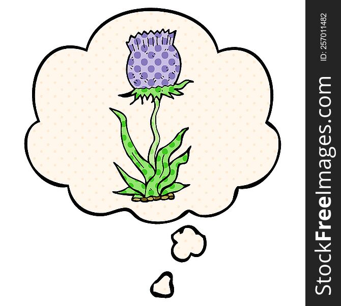 cartoon wild flower with thought bubble in comic book style