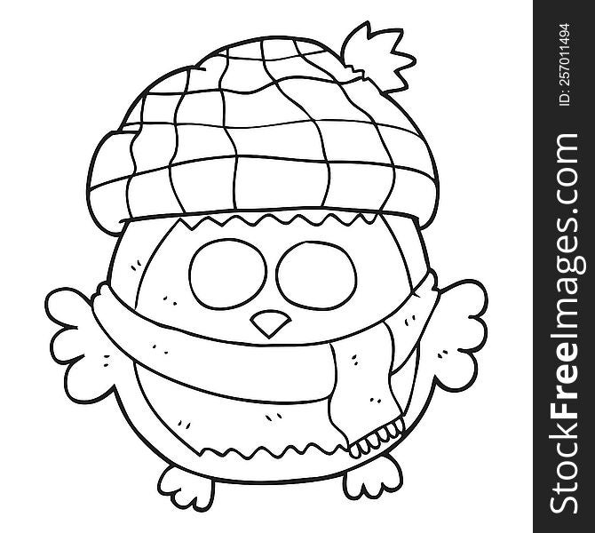 freehand drawn black and white cartoon cute little owl