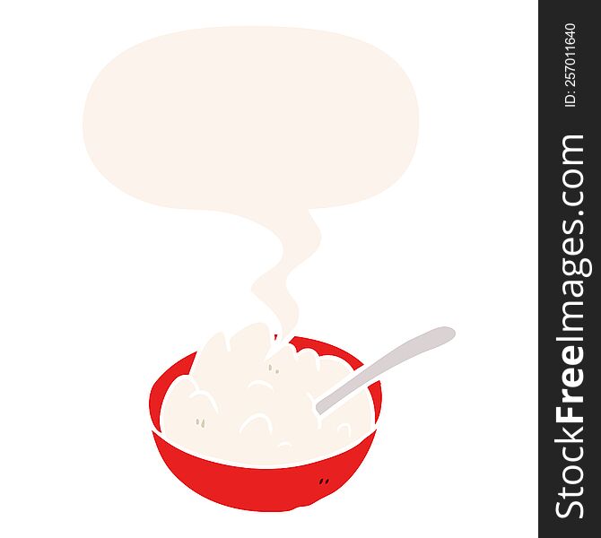 cartoon bowl of porridge with speech bubble in retro style