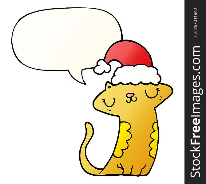 cute cartoon cat wearing christmas hat and speech bubble in smooth gradient style