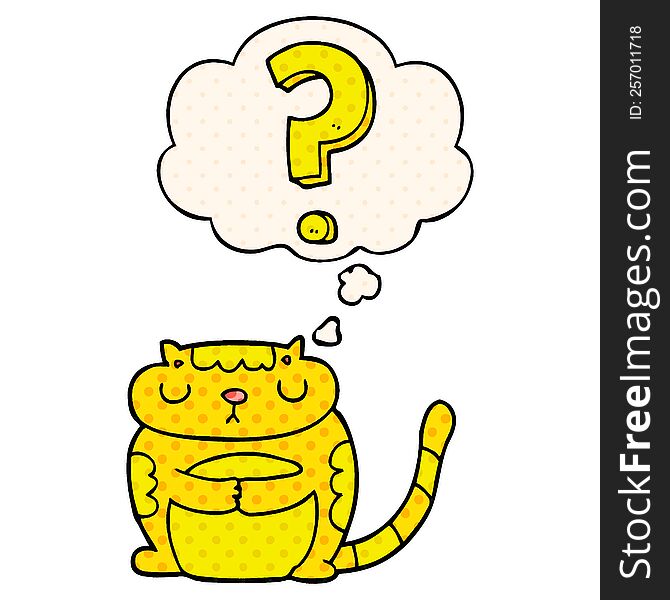Cartoon Cat With Question Mark And Thought Bubble In Comic Book Style
