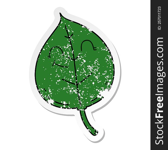 distressed sticker of a quirky hand drawn cartoon happy leaf