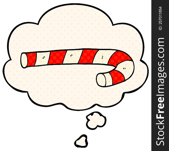 cartoon candy cane with thought bubble in comic book style