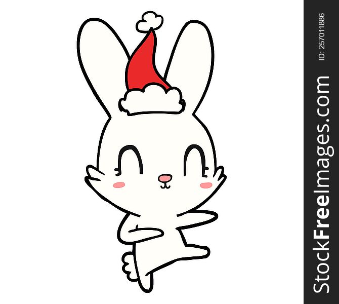 Cute Line Drawing Of A Rabbit Dancing Wearing Santa Hat
