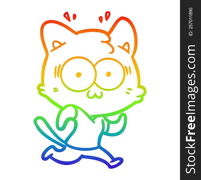 rainbow gradient line drawing of a cartoon surprised cat running